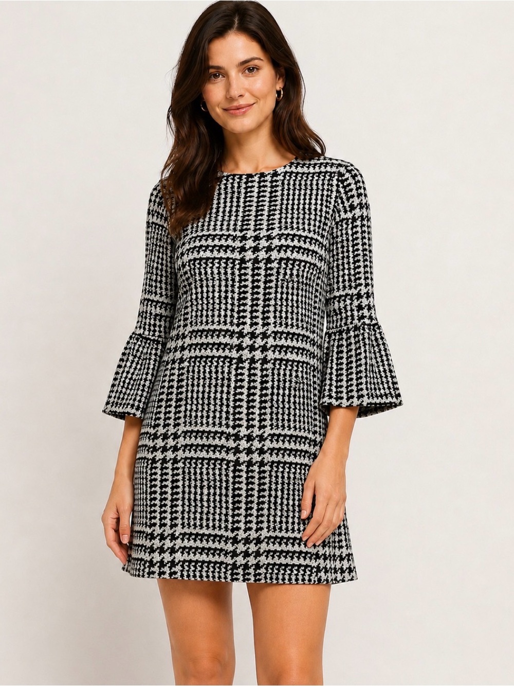 Zara Woman Black & White Printed Bell Sleeve Shift Dress